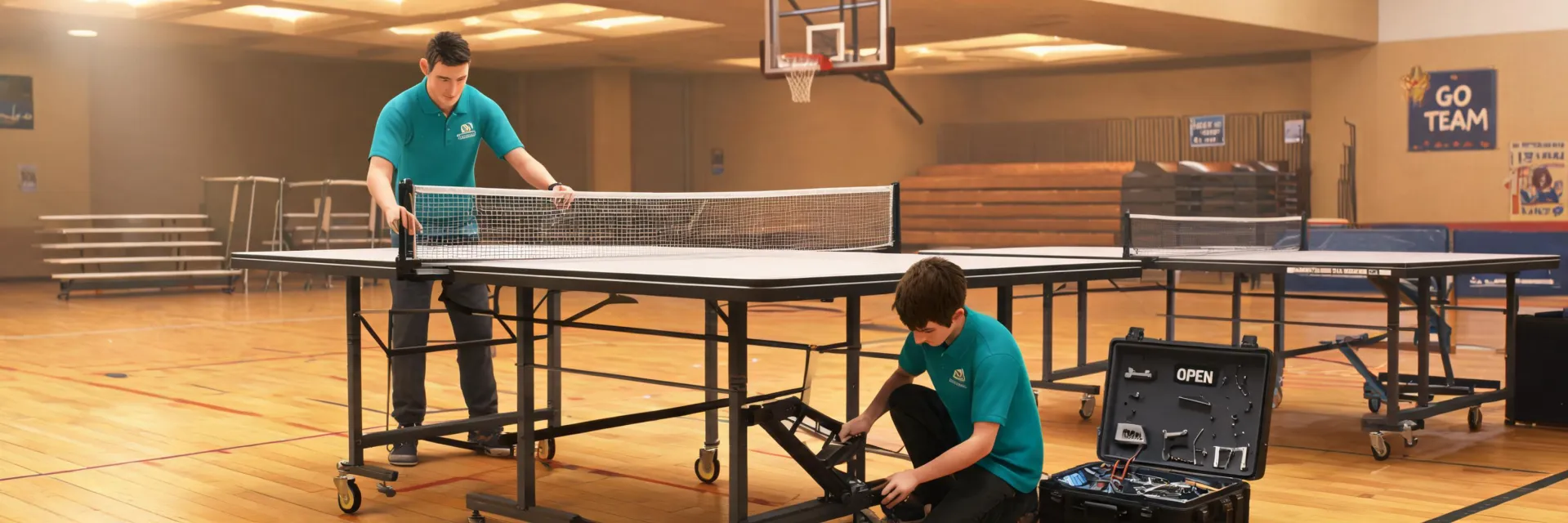 Joola service crew preparing table tennis tables